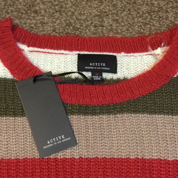 🎈Sold🎈Bright Red & Olive Stripe Cozy Side Slit Sweater (S) - Picture 6 of 12